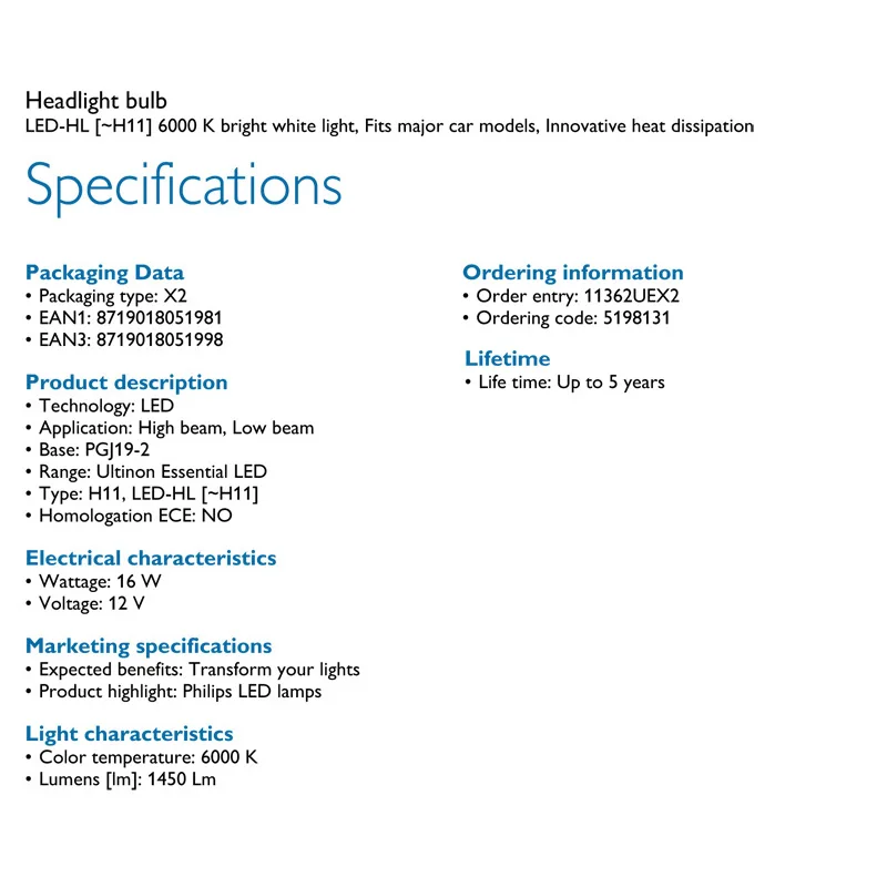 

NEW Philips Ultinon Essential LED For Projector H8 H11 H16 12V 11362UEX2 Car 6000K White Light Headlight 1450LM