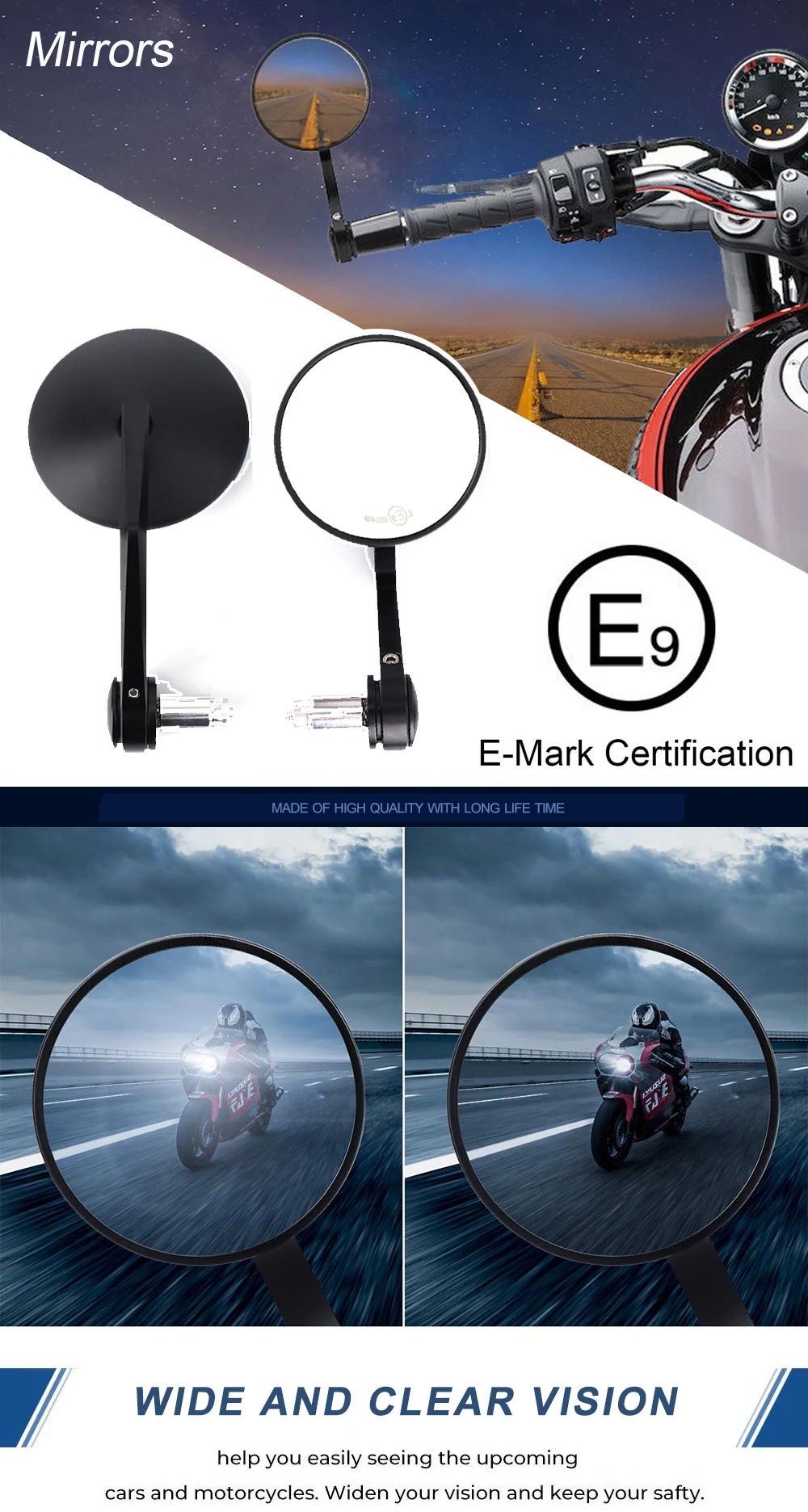 Универсальный мотоцикл заднего вида зеркала E-mark для 7/" Руль конец зеркало для MT 07 MT 09 S1000 FZ8 R1200GS GSXR 650 Z750