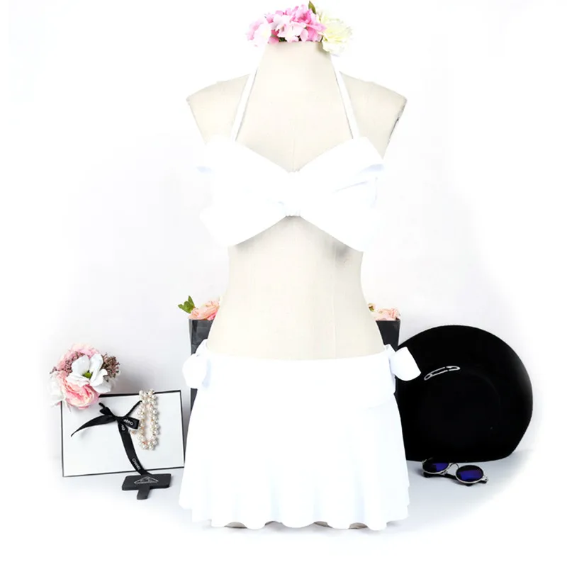 

Women Sexy Swim Wear Solid Swimwear Bikini Big Bow Bandeau Beach Wear Halter Swimsuit Push Up Bathing Suit Tops+Bottom+Skirt 3pc