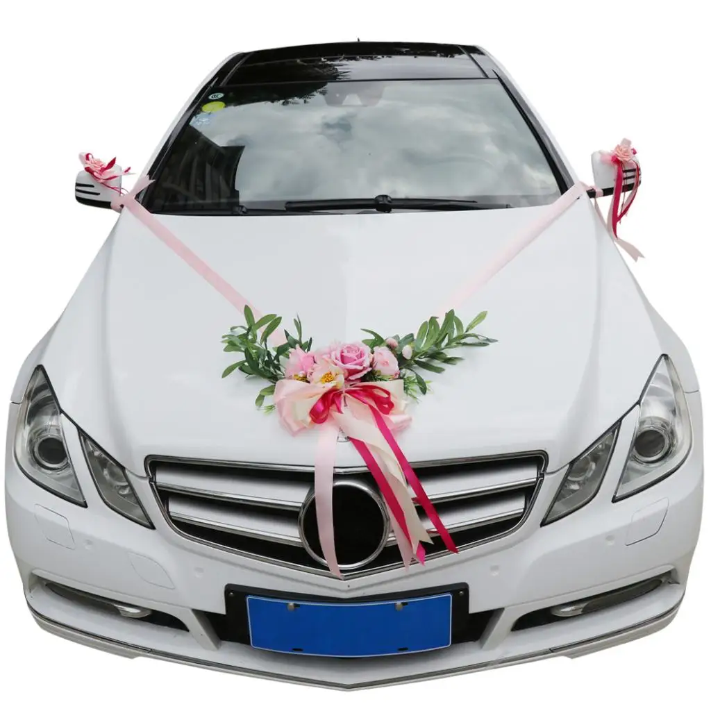 Peach Pink 9 шт. свадебный автомобиль украшения комплект лимузин Шелковый цветок ленты лук DIY Декор - Цвет: Peach Pink