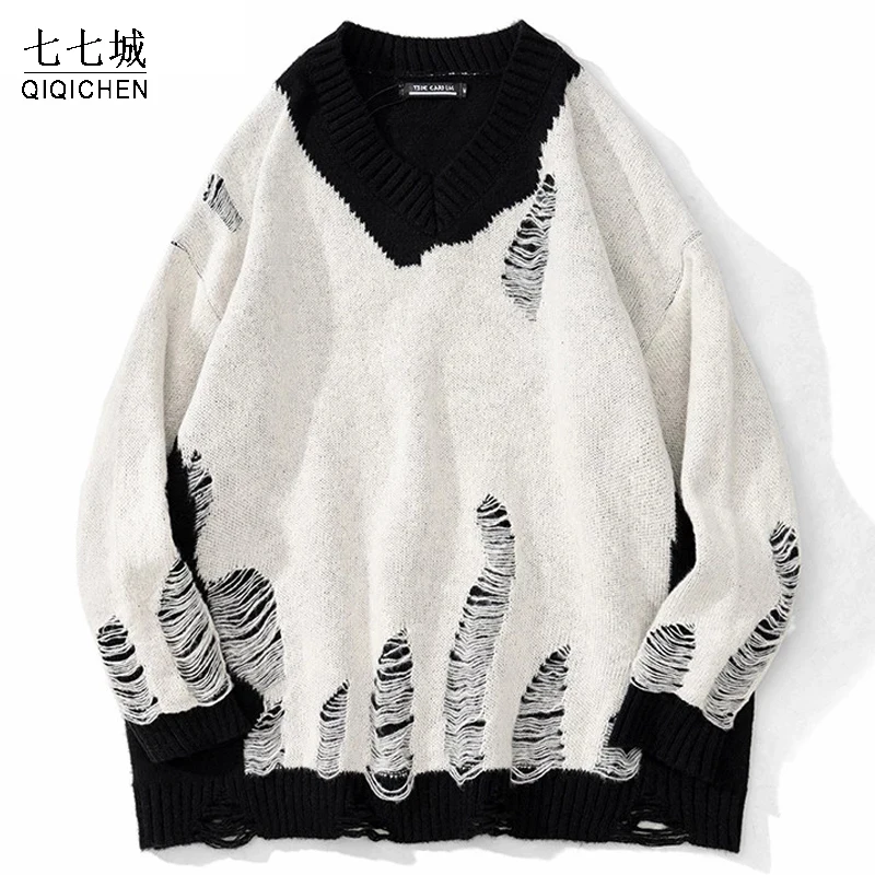 

Ripped Hip Hop Patchwork Sweaters Men Destroyed Harajuku Hole Knitted Wool Jumpers Women Autumn Oversized Pullover Sweaters New
