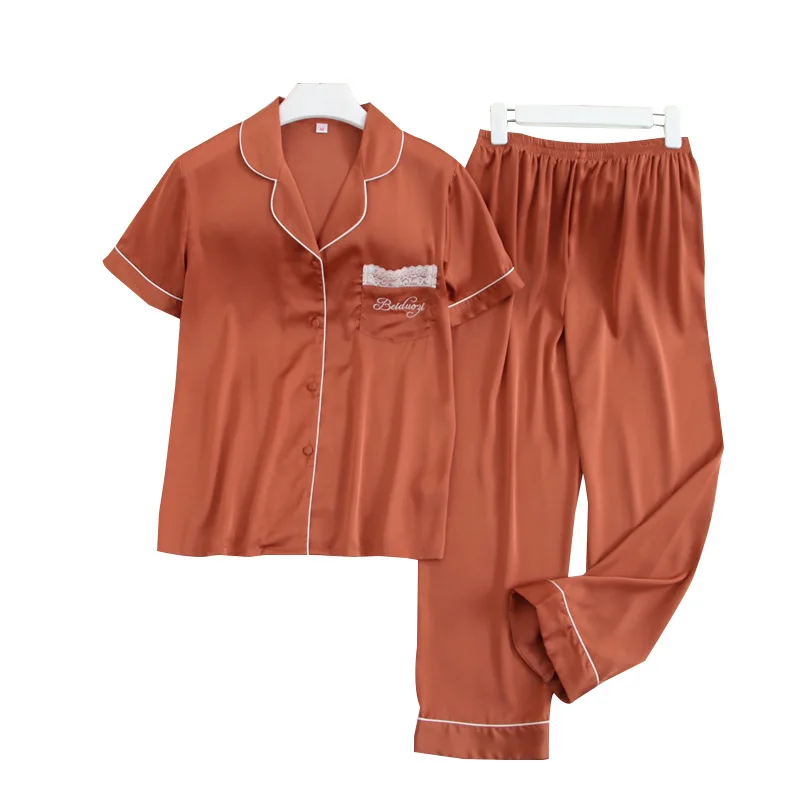 

Short Sleeve Pyjamas Sleepwear Sleep Suit Summer Womens Silky Satin Pajamas Sets Casual Solid Home Wear Lounge Nightwear