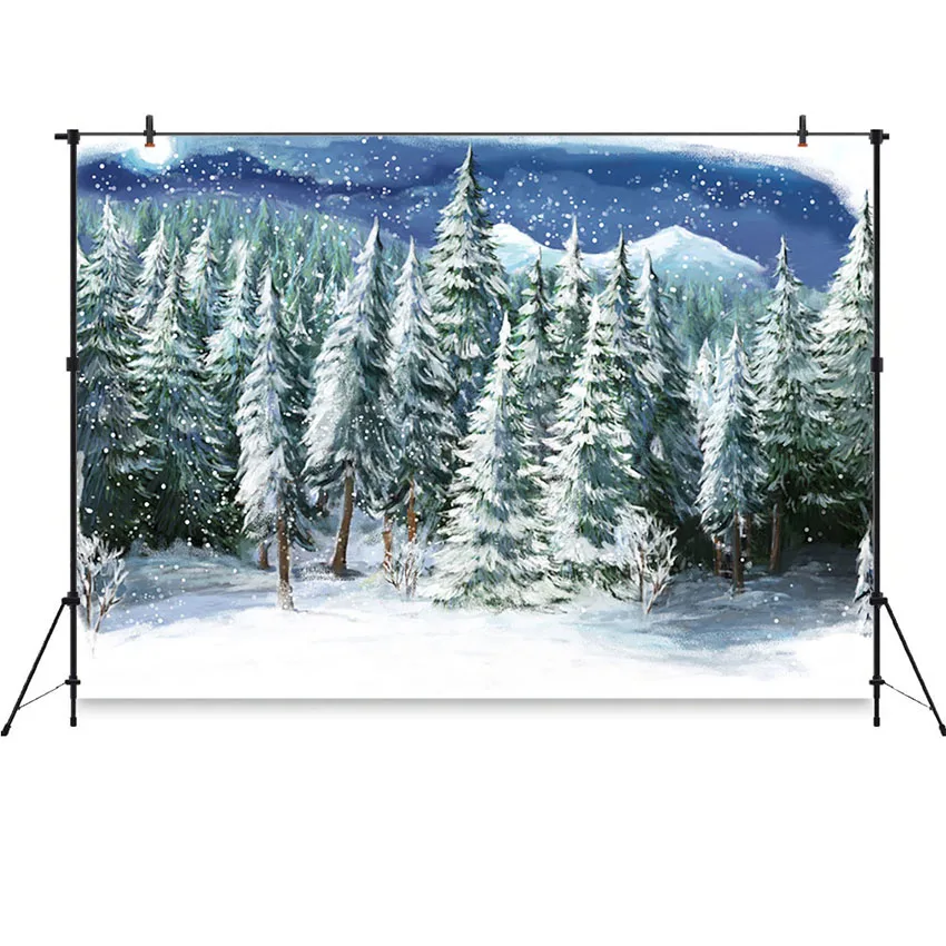 Фотофон Зимний лес снежинка снег акварель Рождественская елка фон для