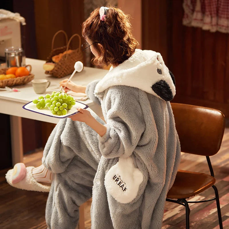 Women Sleepwear Medium Style Plus Size Winter Pajamas Set Loose Version Keep Warm Intensification Pyjamas Plush Nightgown Hooded
