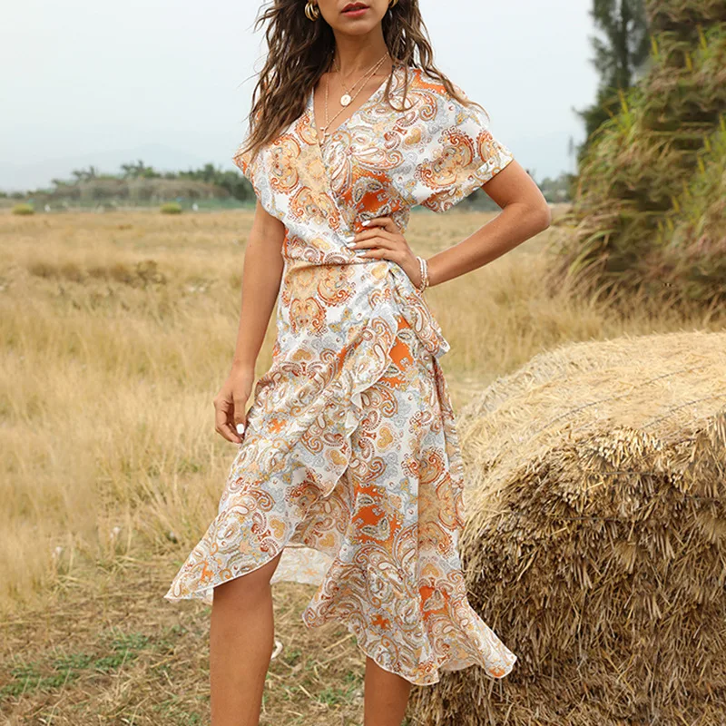 

2021 Summer Dress Woman Floral Casual Printing Dresses Womens Short Sleeve A-line V-neck Vestido De Mujer Eam Midi Dress Vintage