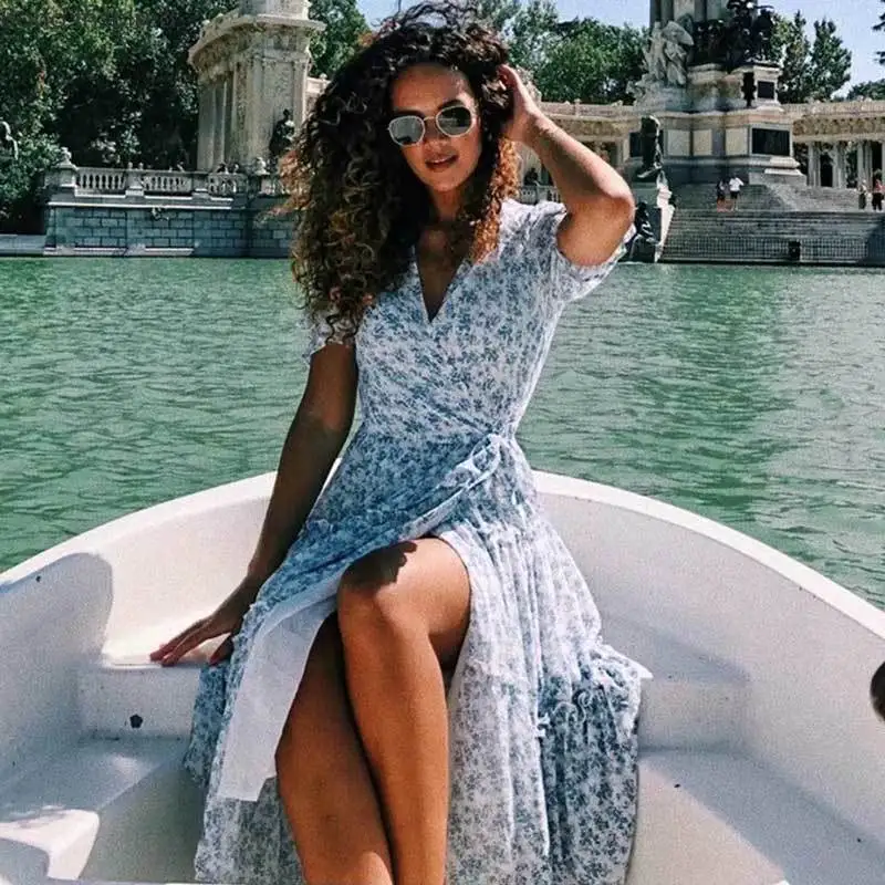 Богемный Вдохновленный синий цветочный принт шифоновое платье Бохо С v-образным