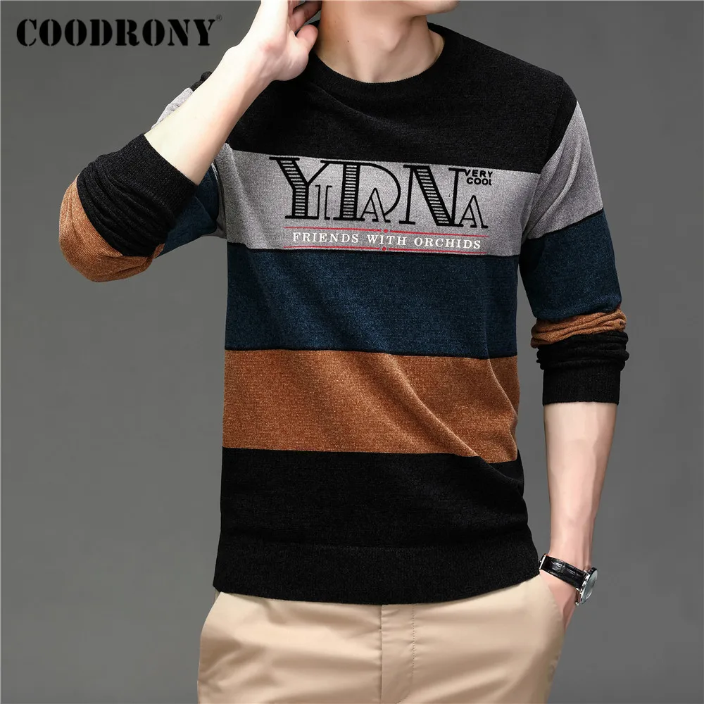 coodrony brand autumn winter soft warm chenille wool sweater streetwear fashion striped jersey knitted o neck pullover men c1356 free global shipping
