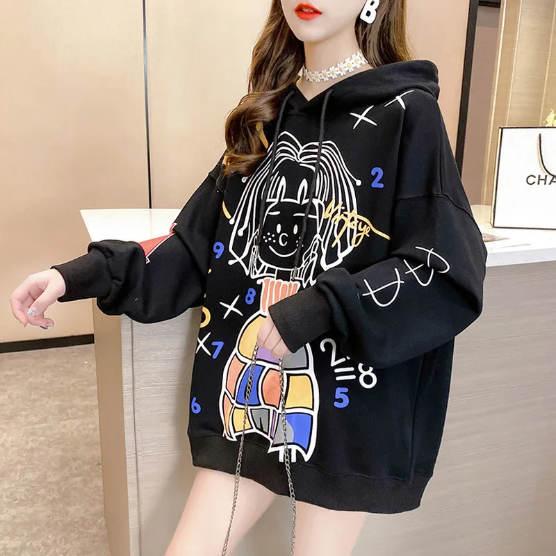

Women's Hoodie Sweatshirt Mid-length Round Neck Graffiti Printing Cartoom Cute Lapel Oversized Hoodies Pullover Jacket Top