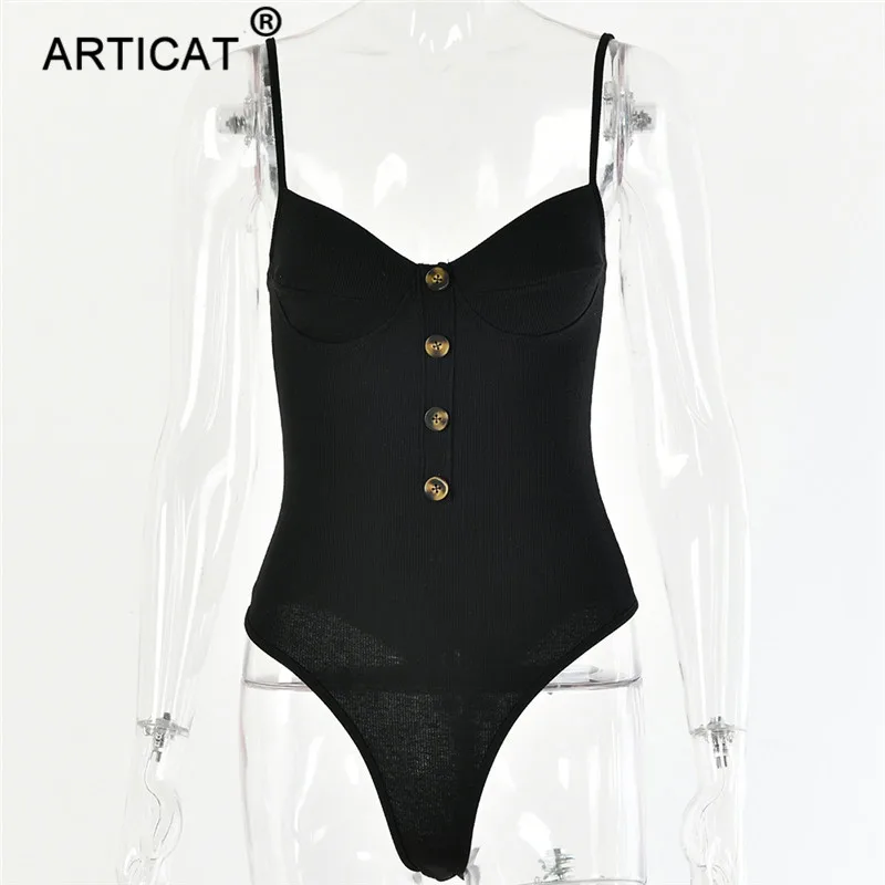 Черный Articat Knitted Spaghetti Strap Sexy Bodysuit Women Tops Backless Buttons Bodycon Rompers Women Jumpsuit Basic Party Overalls - Цвет: Черный