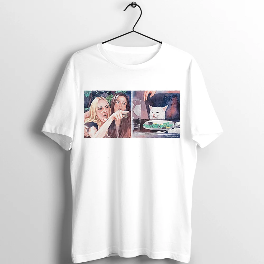Women Meme T Shirt of The Year Woman Yelling At A Cat Featuring Basic Custom Printed Art Artwork Tee Unisex Men | Мужская одежда