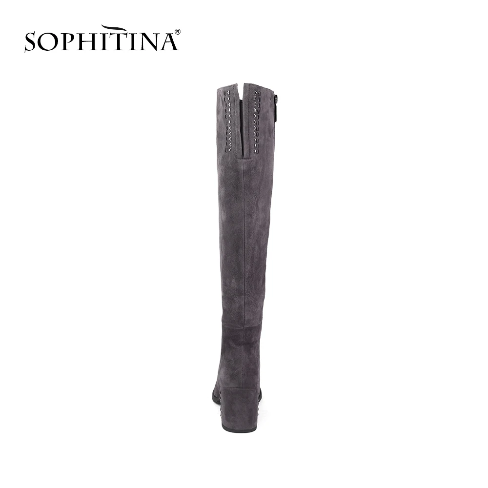 SOPHITINA Brand Boots Woman Handmade Round Toe Square High Heel Winter Boots Kid Suede Knee High Wool Fur Shoes SC206