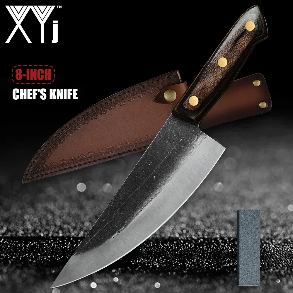 XYj кованый нож шеф-повара ручной работы, 8 дюймов, полное покрытие Танг, мясника, кожаный чехол для ножа мясника, футляр, аксессуары для пешего туризма и кемпинга, инструменты