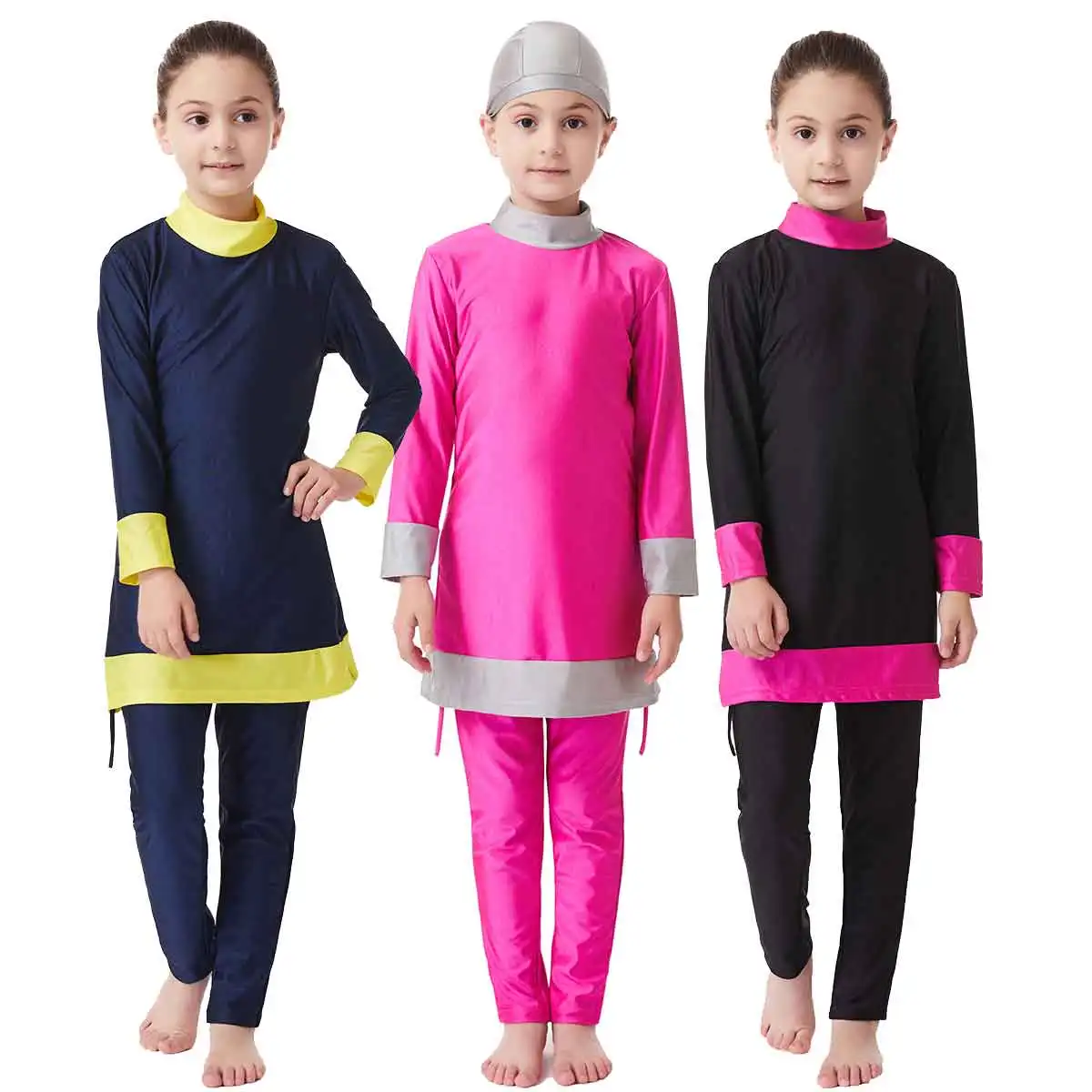 Muslim Children Girl's Swimwear Patchwork Full Coverage Swimsuits Summer Kids Quick Dry 3 Pieces Bathing Set Musulman Swim Suits