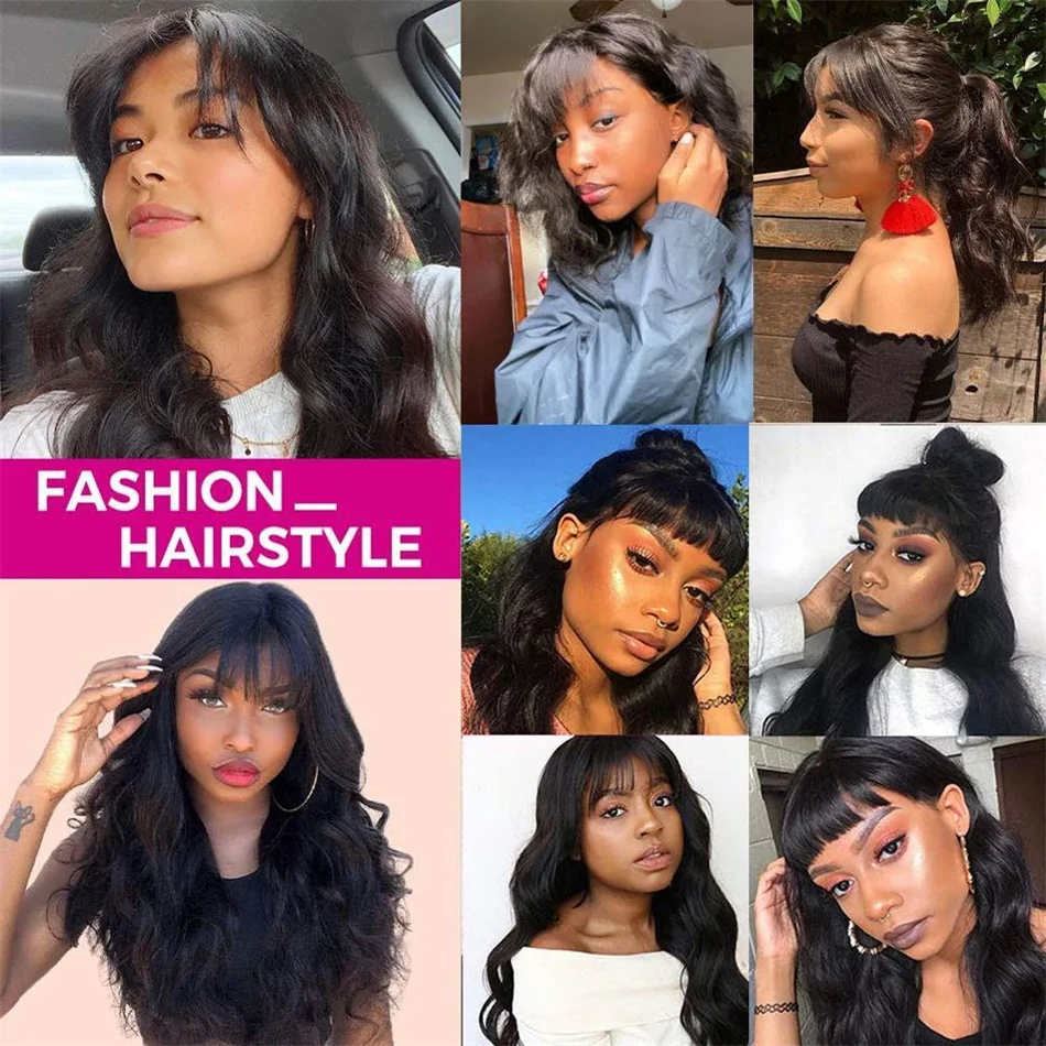 

Bralizian Human Hair Wigs With Bangs Body Wave Full Machine Made 30 Inch Long Body Curly Remy Hair No Swiss Lace Fringe Wigs