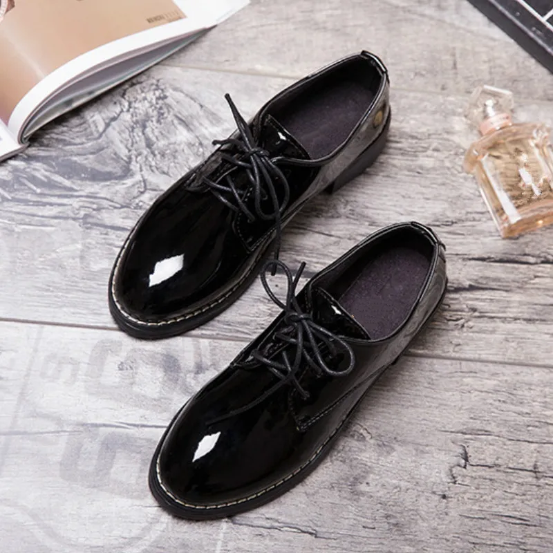 

Women Shoes Classics PU Leather Pointed Toe Lace-Up Med(3cm) Thick High heel Black Casual Lady Student Shoes Female Pumps Shoes
