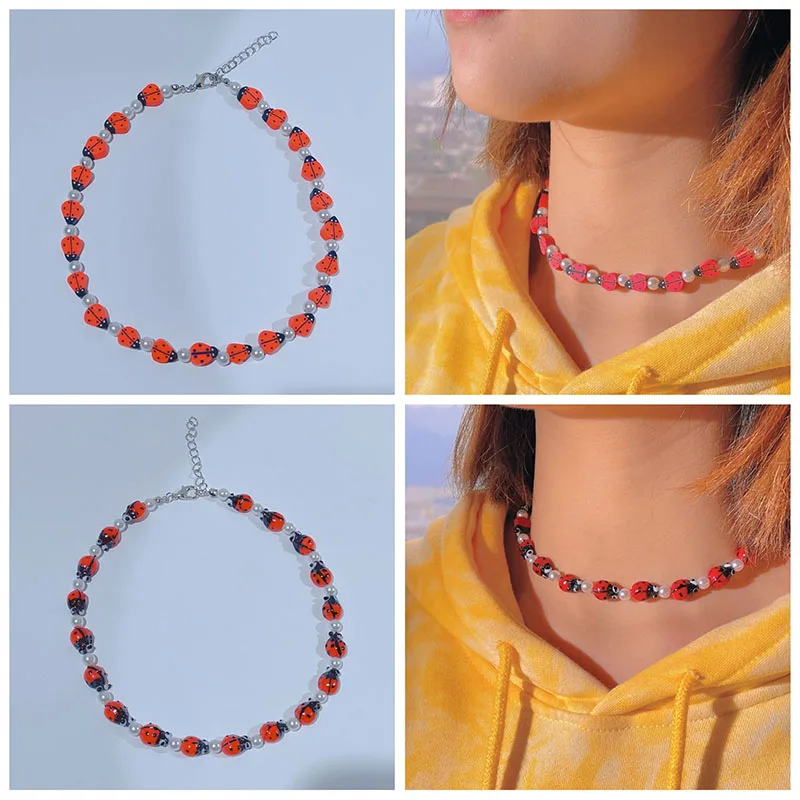 

New Korean Funny Resin Red Seven-star Ladybug Insect Pearl Round Handmade Beaded Choker Necklace For Women Girls Party Jewelry