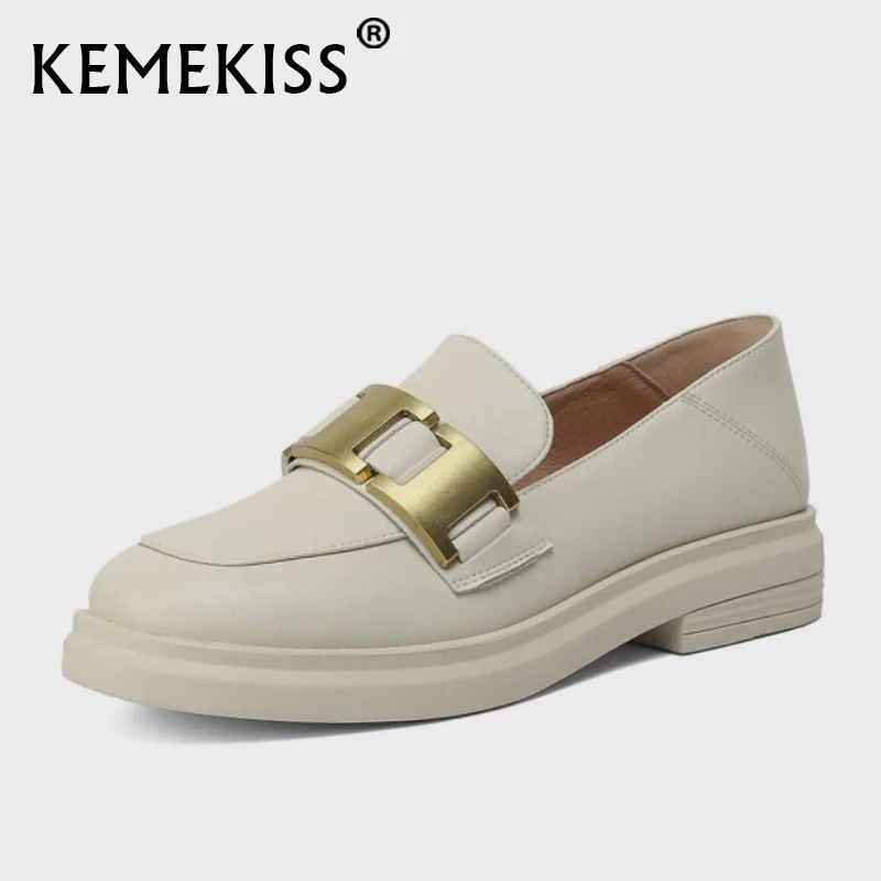 

KemeKiss New Fashion Real Leather Women Flats Shoes Round Toe Metal Slip On Low Heel School Style Ladies Footwear Size 34-39