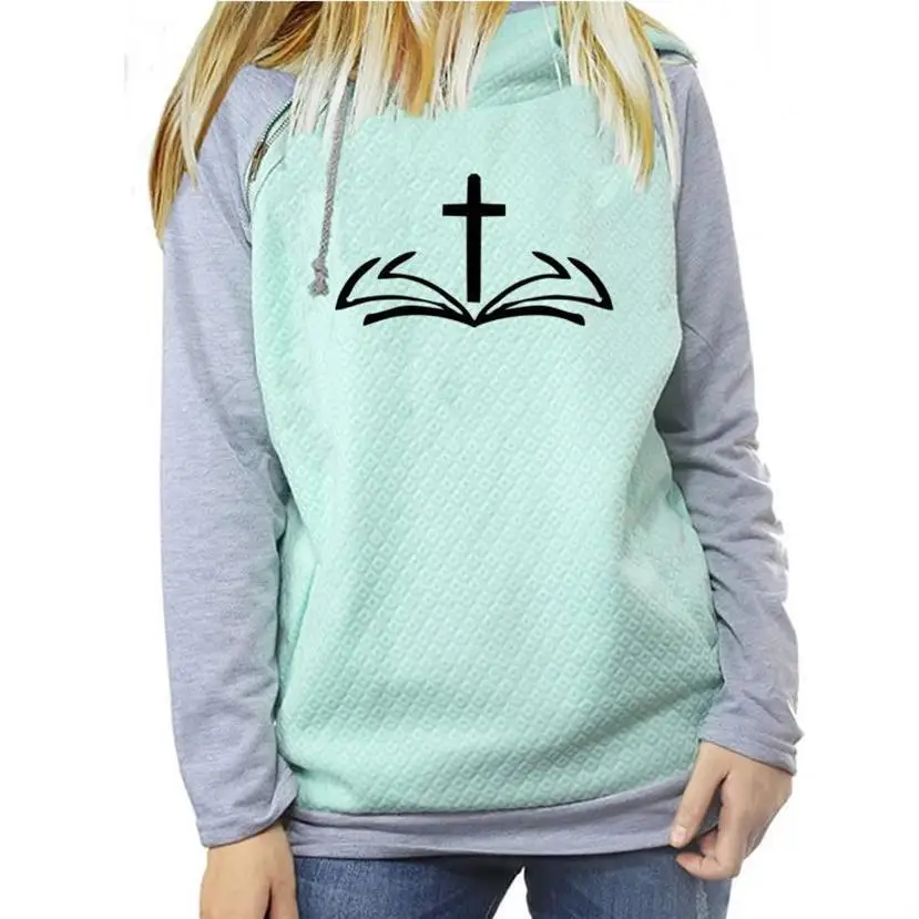 

Zipper Decoration Cross Print Jesus Bible Faith Hoodies For Women Harajuku Sweatshirts Kawaii Casual Loose Hoody Female Cotton