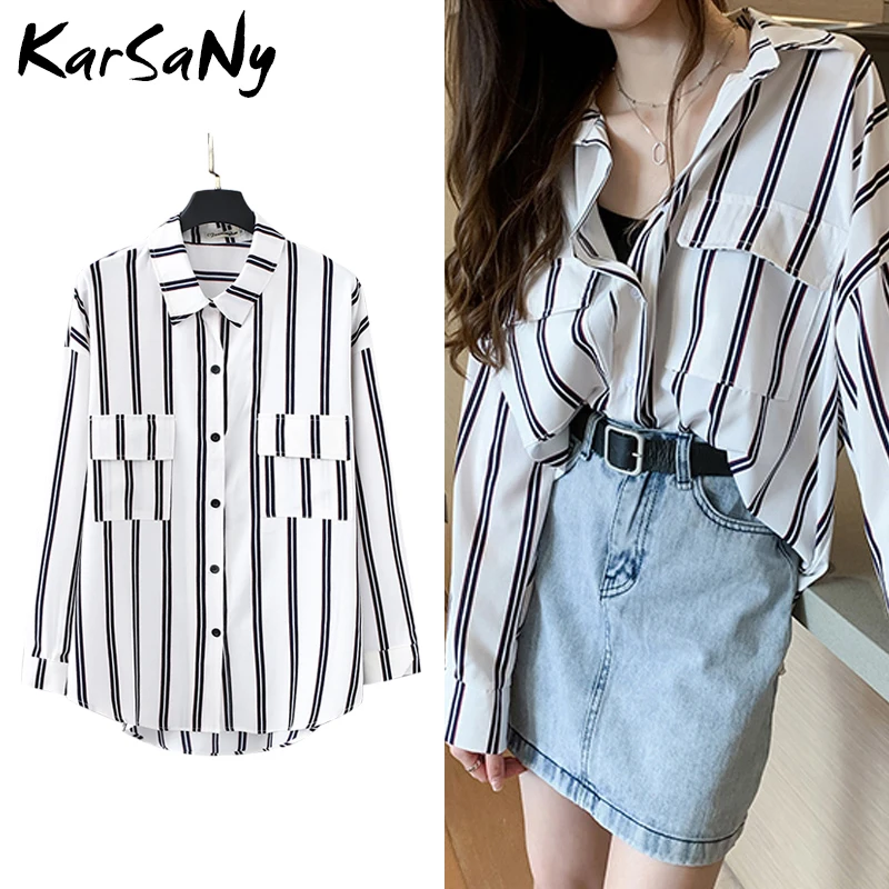 Женская рубашка в полоску с длинным рукавом полоску|Блузки| |