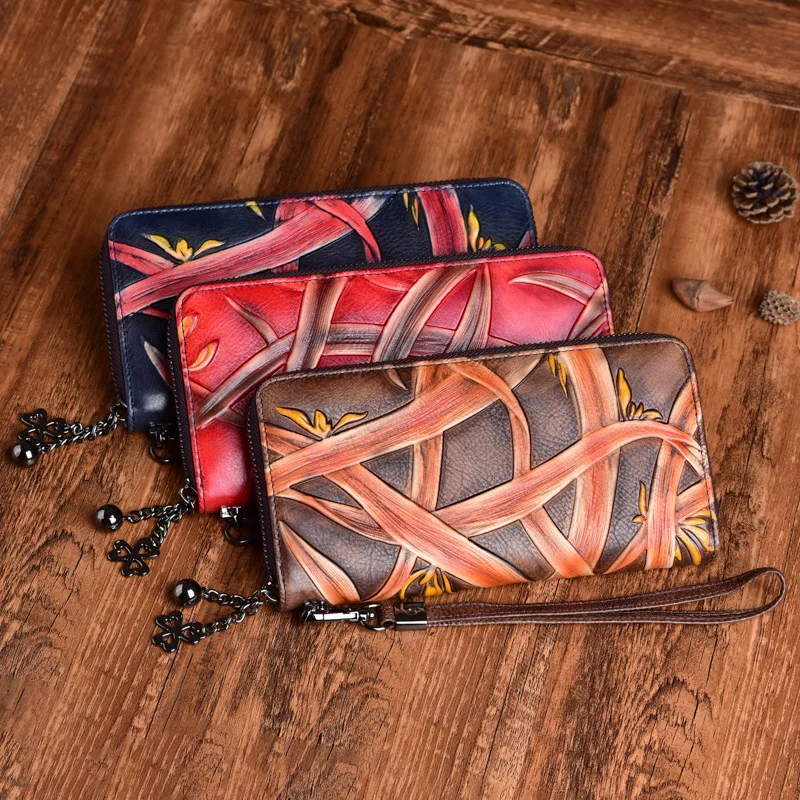

Women Wallets 2021 New Genuine Leather Hand Wallet Card Holder Vintage Embossed Cowhide Long Purse