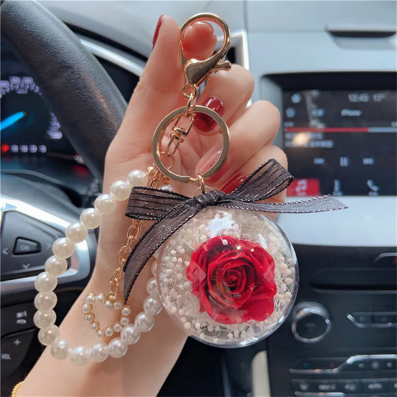 

New Natural Preserve Rose Flower Keychain Korean Fashion Pearl Bracelet Key Chain Holder Valentine's Day Couple Jewelry Gift