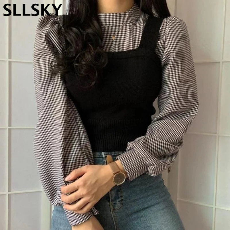 

Женские Элегантные комплекты Sllsky, клетчатый пуловер с длинным рукавом и высоким воротником-хомутом, блузка, тонкий трикотажный короткий жи...