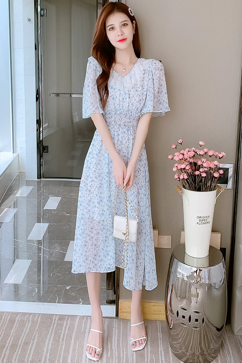 

COIGARSAM Ruffles Women dress New Summer Patchwork Chiffon Short Sleeve Hollow Out High Waist Dresses 8910