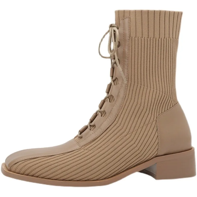 

2021 Women's Square Toe Ankle Boots Autumn Winter Fashion Stitching Knitted Elastic Stockings Boots High-heeled Short Boots
