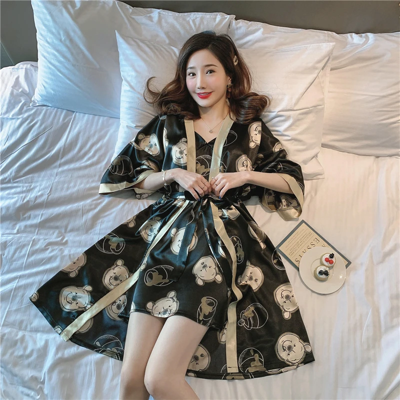 Disney Mickey Pajama Set Women Silk Sleepwear Pyjamas Pour Femme Autumn Nightwear with Slip Dress Casual Home Wear Robe Gown PJS
