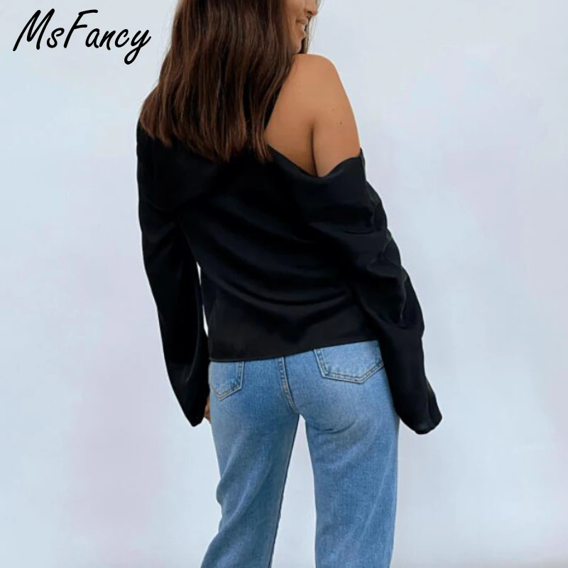 

Msfancy White Satin Blouse Women Long Sleeve O-neck Chemise Femme 2021 Off Shoulder Design Elegant Ladies Tops