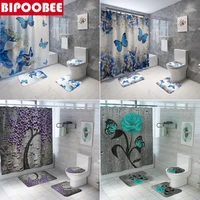 blue butterfly print shower curtain 4 piece carpet cover toilet cover bath mat pad set bathroom curtain with 12 hooks home decor