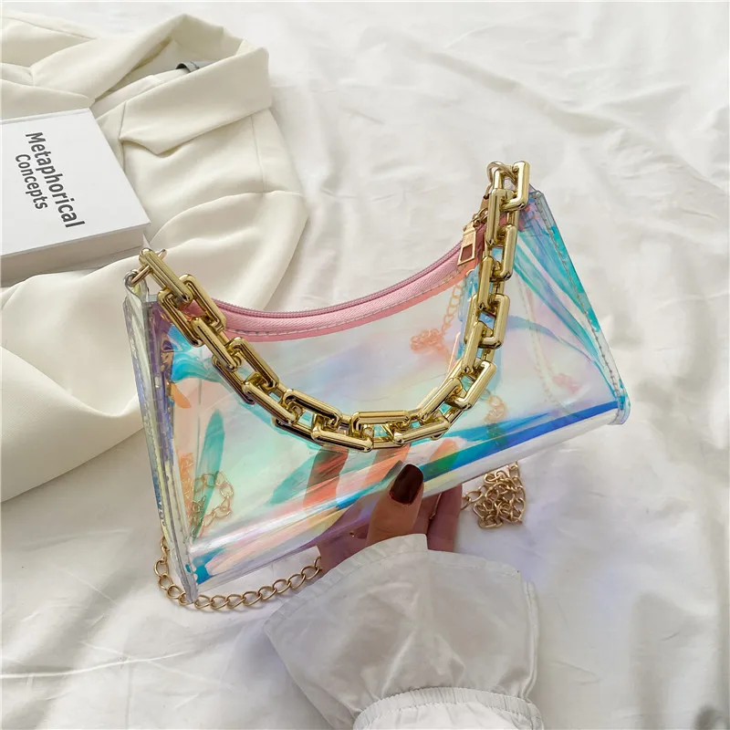 

PVC Transparent Handbag Fashion New Shoulder Bag Letter Pattern Mobile Phone Bag Chain Lock Crossbody Bags for Women 2021 Summer