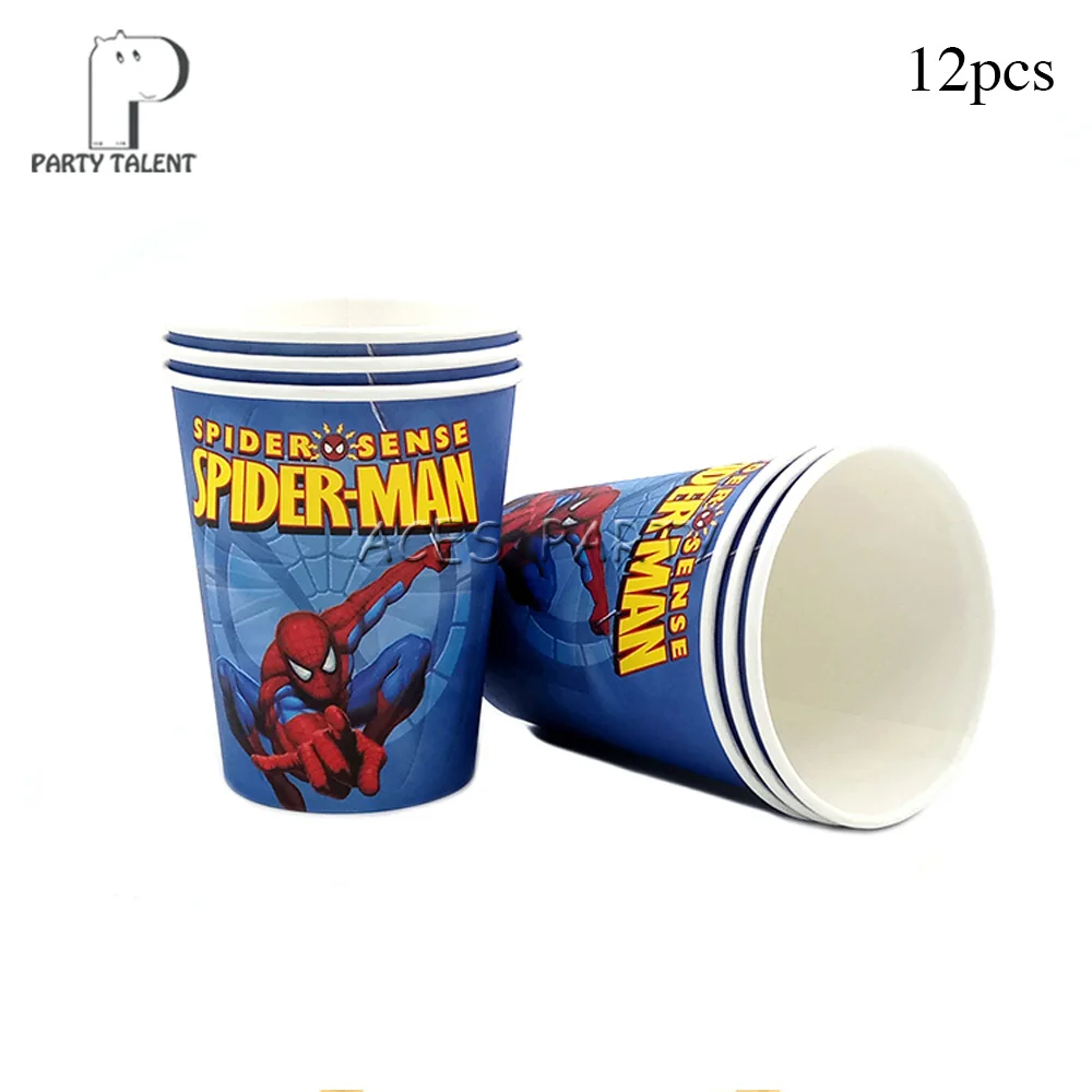 12pcs cups Мальчики дети супер герой на тему Человека-паука посуда для вечеринки в честь Дня Рождения шар конфеты коробка флаг тарелка чашка соломы кисточкой вечерние принадлежности - Цвет: 12pcs cups
