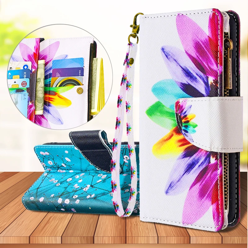 

For Xiaomi Mi Note 10 CC9 Pro Fashion Pattern Painted Leather Case Lanyard Zipper Wallet Card Holder Flip Mobile Phone Cover
