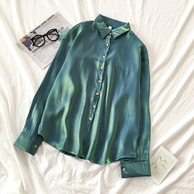 Весенне-осенняя винтажная блузка из отражающего шифона для девочек женская