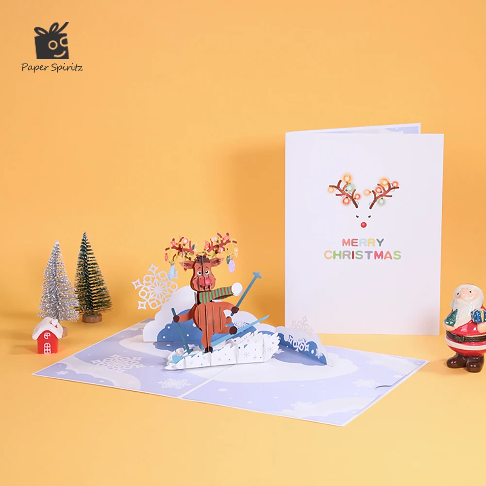 

Merry Christmas Elk Pop UP Handmade 3D Greeting Card New Year Thank You Card Party Invitations Gifts Business Card Gift Postcard