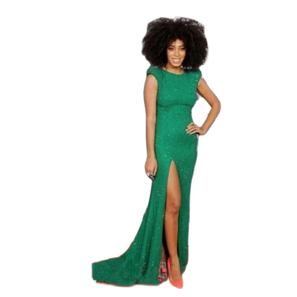 

Luxury Bling Bling Celebrity Red Carpet Dresses Emerald Green Crew Cap Sleeve High Slit Evening Dresses Prom Gowns