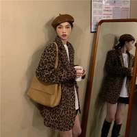 casual lapel women trench coat leopard stitching pockets female long trenches high street office ladies style ladies overcoats