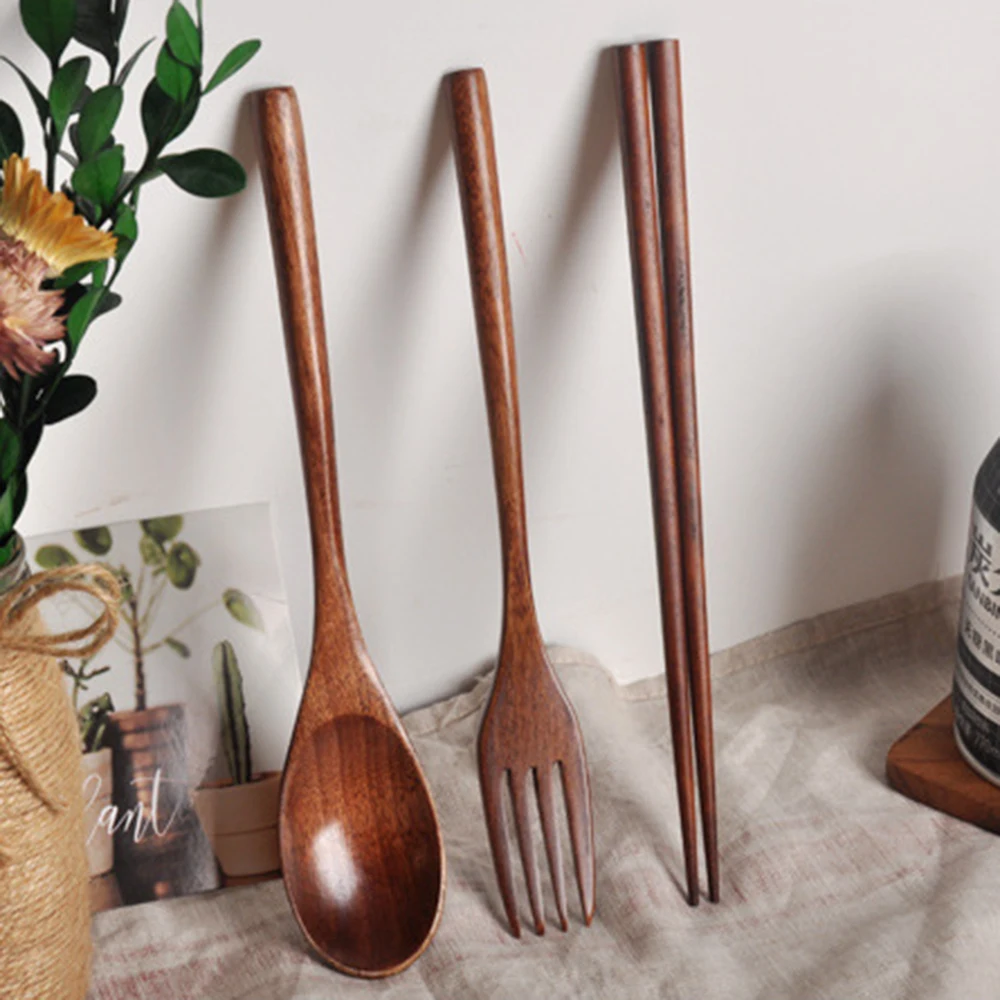 Портативная деревянная ложка палочки для еды и вилка Обеденный набор рисовая