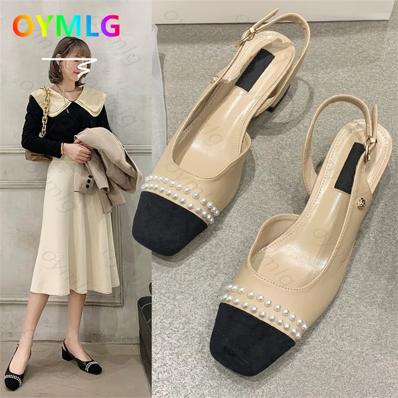 

Xiaoxiangfeng single shoes women's 2021 summer new mid-heel square toe thick heel empty toe shoes women's shallow mouth sandals