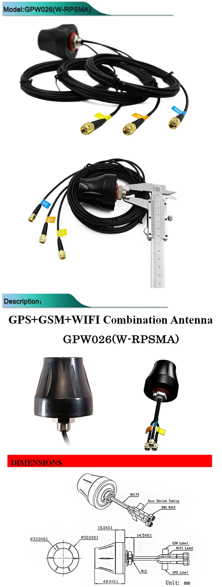 Многодиапазонная gps gsm антенна wifi, IP67 водонепроницаемая, GSM gps wifi автомобильная антенна W/wifi(RPSMA male), gsm/gps(SMA male