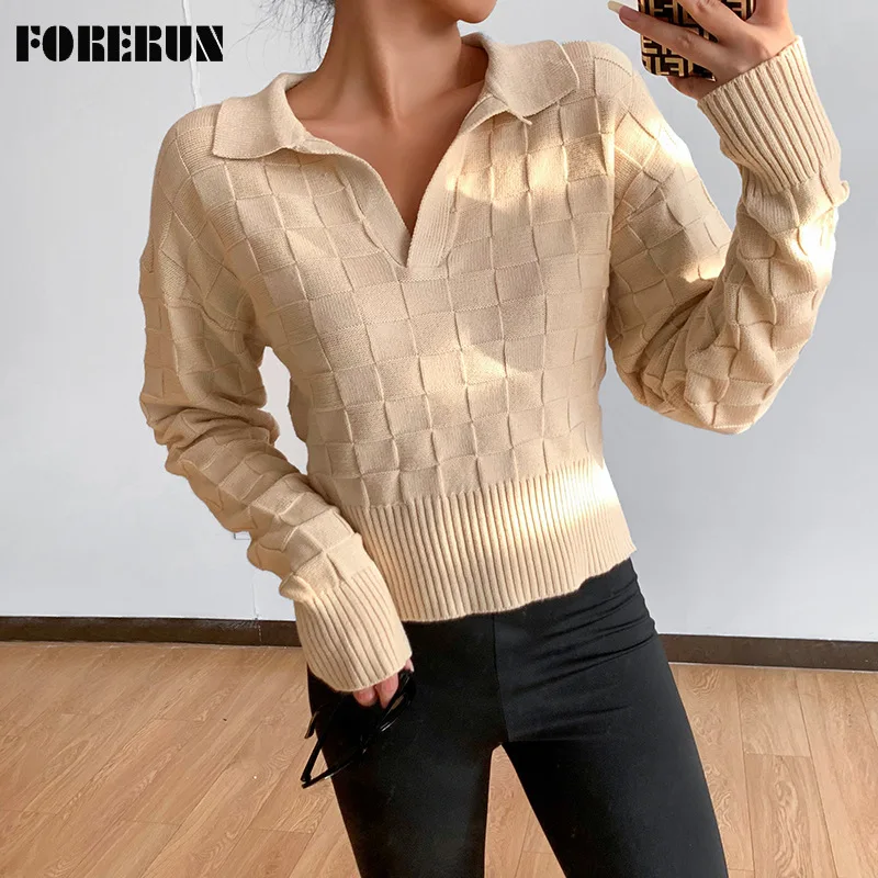 

Женский свитер FORERUN, короткий однотонный клетчатый Вязаный топ с отложным воротником и длинным рукавом, Повседневный пуловер на осень и зим...