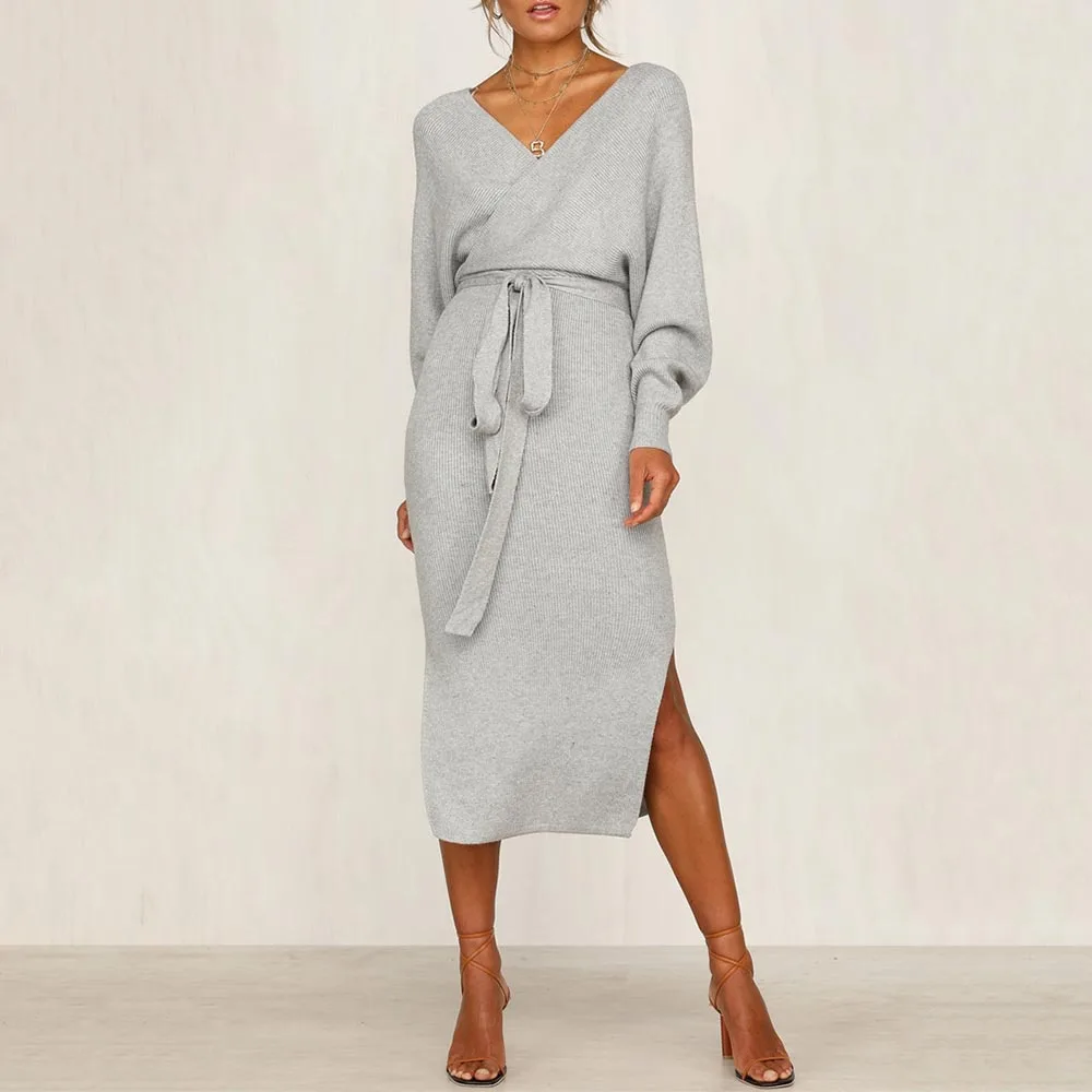 Элегантное трикотажное платье-свитер женское осеннее сексуальное платье с