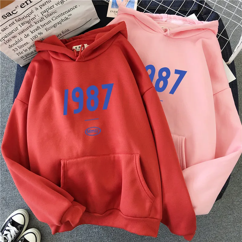 

New Korean Women Sweatshirt 1987 Printed Harajuku Hoodie Pocket Loose Long Sleeve Pullovers Sweet Style Female Streetwear Tops