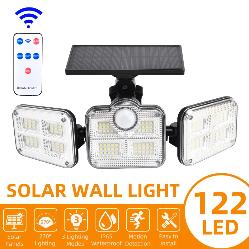 

122 LED Solar Wall Light Motion Sensor Lights 3 Adjustable Heads 270° Wide Lighting Angle Waterproof Flood Light