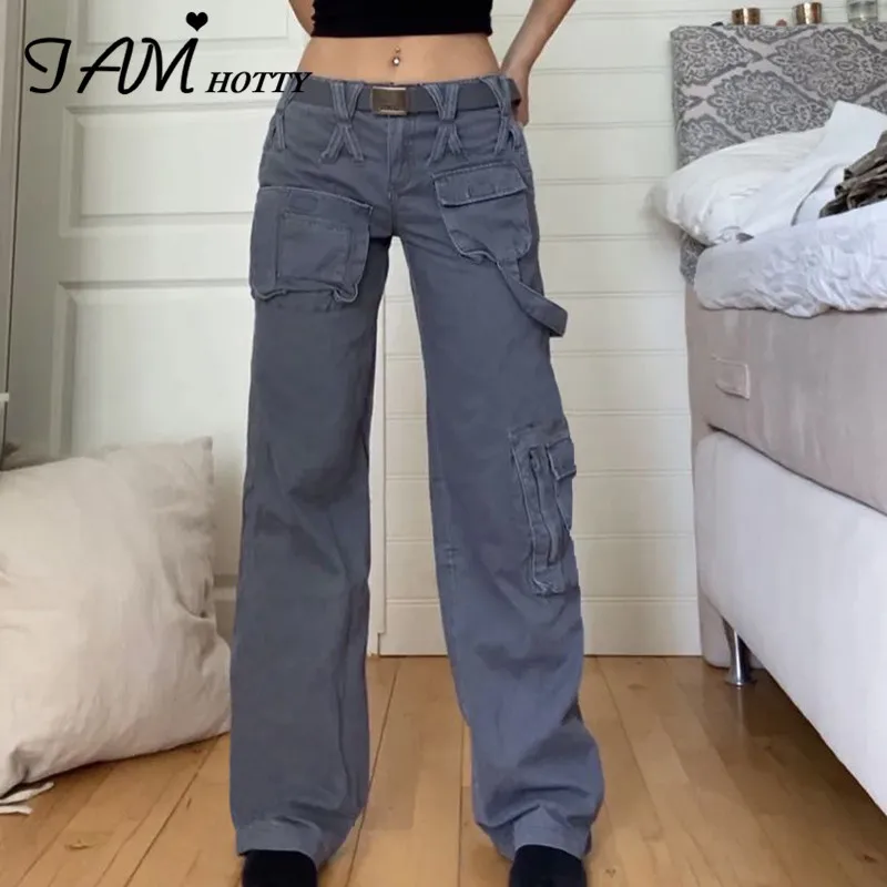 Серые брюки-карго IAMHOTTY из денима с карманами женские Мешковатые повседневные