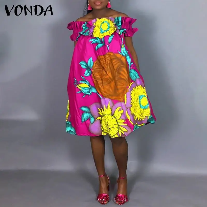 

Summer Sleeveless Short Dress VONDA Women Off Shoulder Sexy Strapless Floral Print Dresses Bohemian Vestidos Oversized Sundress