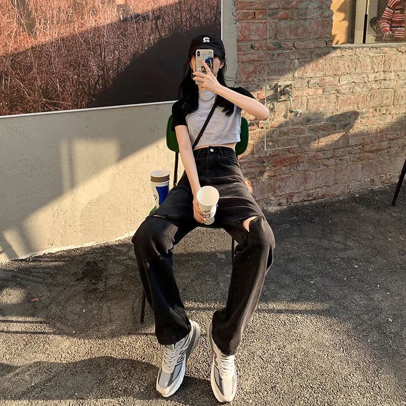 

2021 Women High-Waist Black Ripped Hole Wide Leg Jeans Drape Wide-Leg Mopping Pants Spring and Autumn Loose and Thin Wild Pants