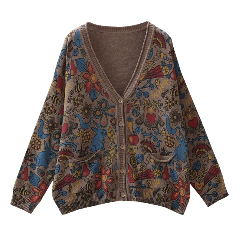 Весенне осенние женские свитера с принтом в стиле ретро свободный v образный