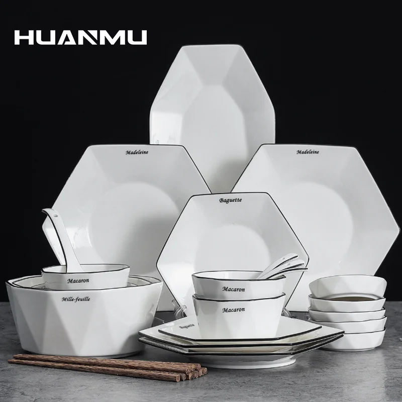 Bone China Tableware Suit Plate Set European Simple Style Creative Hexagon Combination Chopsticks Spoon Bowl Dishes Dinnerware | Дом и сад